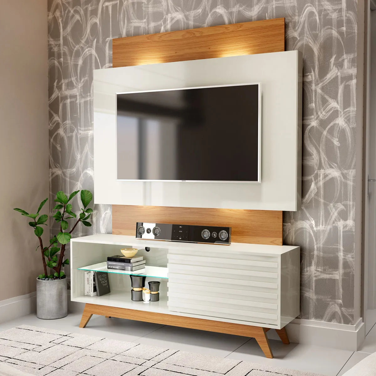 Painel com Rack 140cm com LED e porta de correr